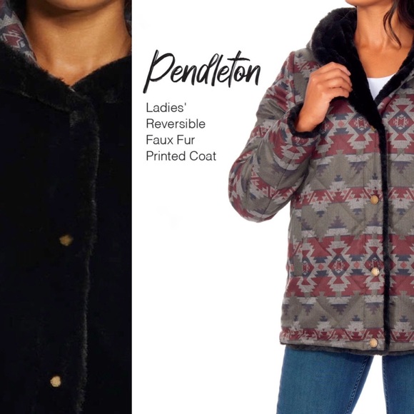 NEW ❄️ Pendleton Women Print Reversible Faux Fur Hooded Winter Coat Jacket Black - Picture 3 of 16